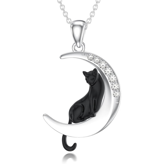 AOBOCO Diamond Black Cat Necklace for Women 925 Sterling Silver Cat and Moon Pendant with Lab Grown Diamonds Jewelry Gifts