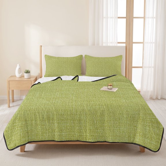 Queen Quilt Set, Green Fruit Pure Color Lightweight Quilt Sets Summer Comforter Coverlets with 2 Pillow Shams, Vintage Linen Breathable 3 Piece Bedding Set for All Seasons