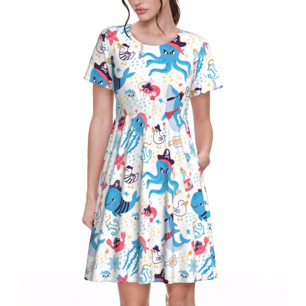 Balery Cute Shark Vestidos sueltos de manga corta para mujer, vestidos de verano 2025, vestidos casuales de corte A con vuelo.