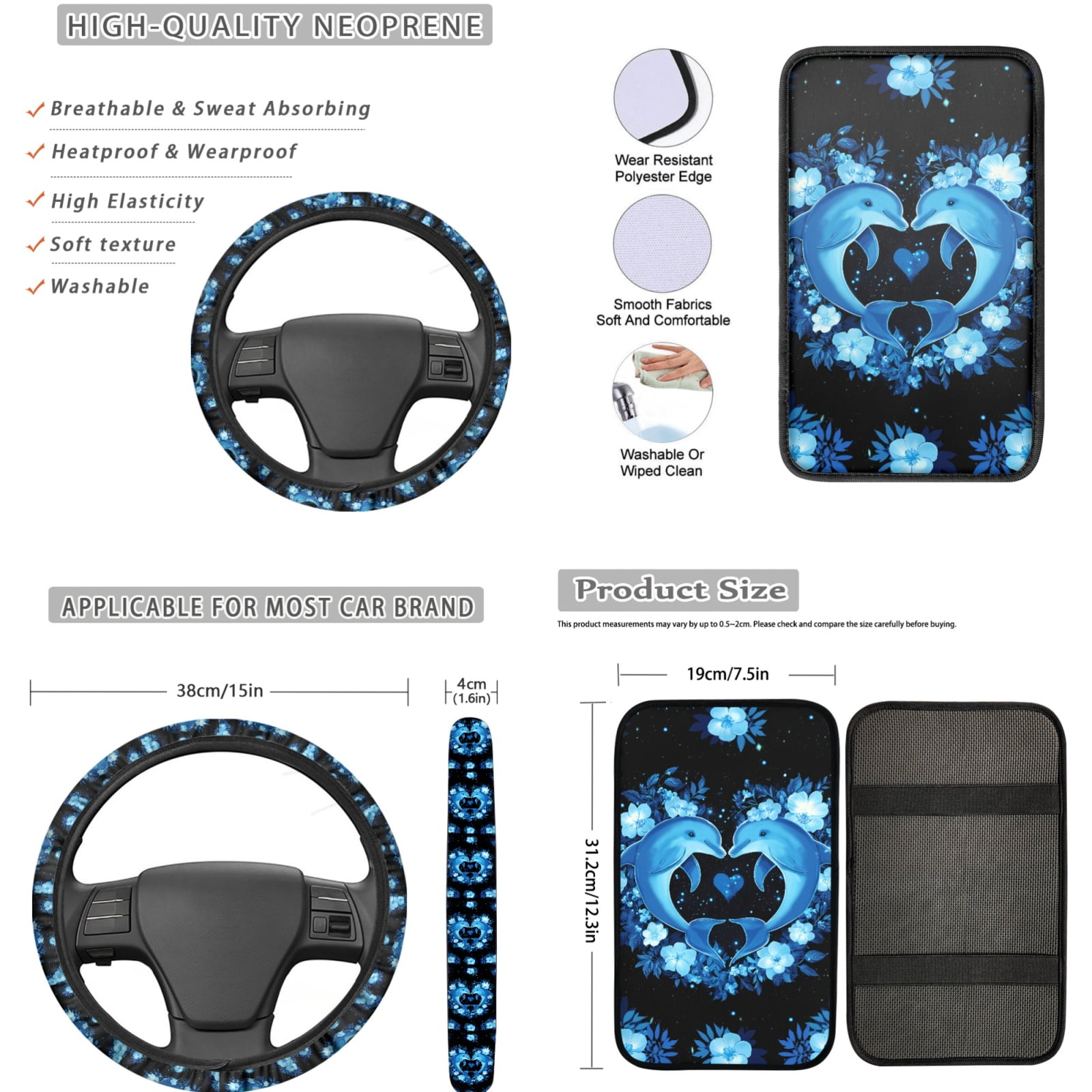 Jeiento Blue Dolphin Car Seat Cover Full Set for Men Woman Car Floor Mats Steering Wheel Cover Keychains Seatbelt Pad Armrest Cover Cup Coasters Lipstick Holder Interior Auto Accessory 17pcs
