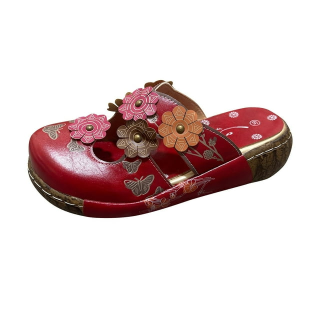 Womens Slippers Plus-Size Flower Hollow out Slip on Closed Toe Platform Wedge Retro Boho Ethnic Style Vintage Print Patchwork Braid Imitation Clog Mules Shoes Red