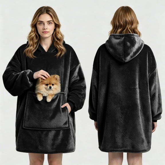 Wearable Blanket Hoodie with Giant Pocket (Pet Won't Leave) Extra Soft Sherpa Flannel Fleece Thick Warm & Cozy Oversized Sweatshirt Blanket Jacket with Sleeves