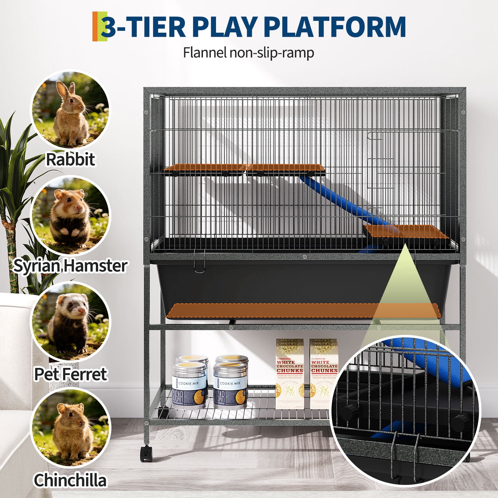 40.4" Large Ferret Nation Cage - with 3 Removable Platforms, Deep Tray & Storage Shelf, Metal Small Animal Cage on Wheels for Chinchillas, Rabbits, Guinea Pigs & Sugar Gliders