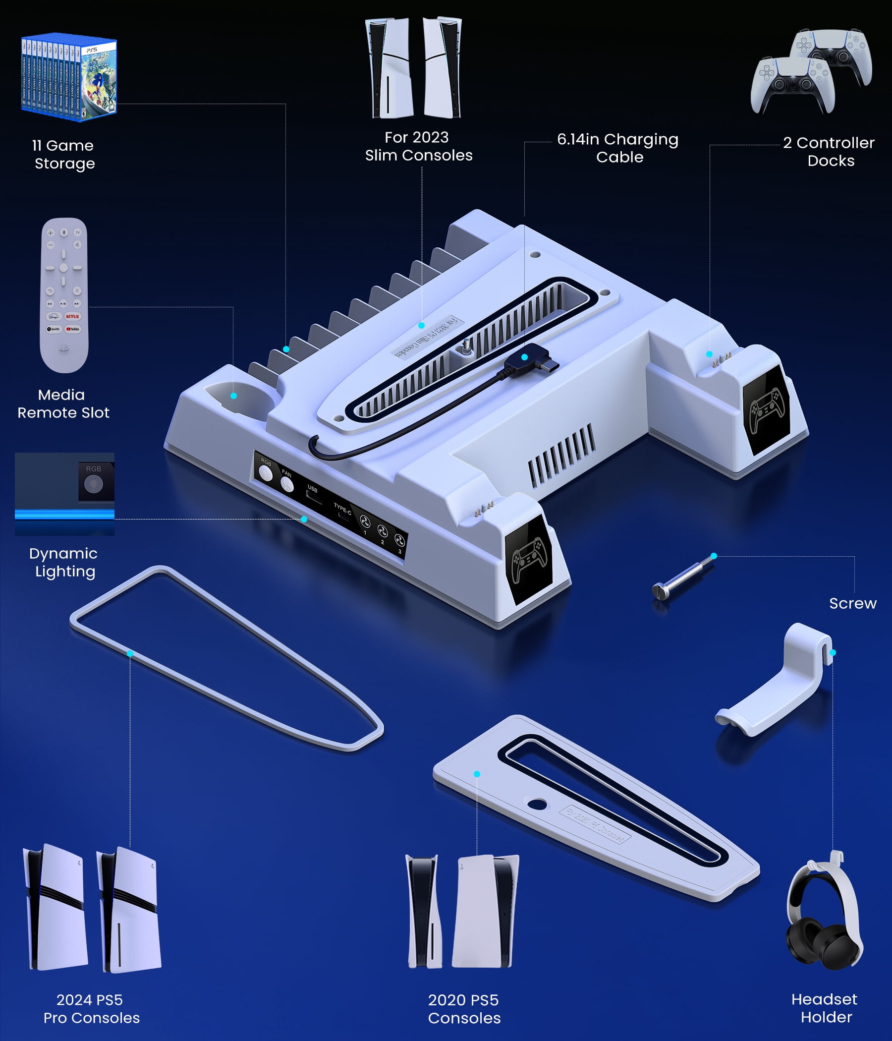 PS5 Stand with Cooling Sation for PS5 Slim/PS5,ESYWEN PS5 Accessories with PS5 Cooling Stand for PS5 Slim/Disc/Digital