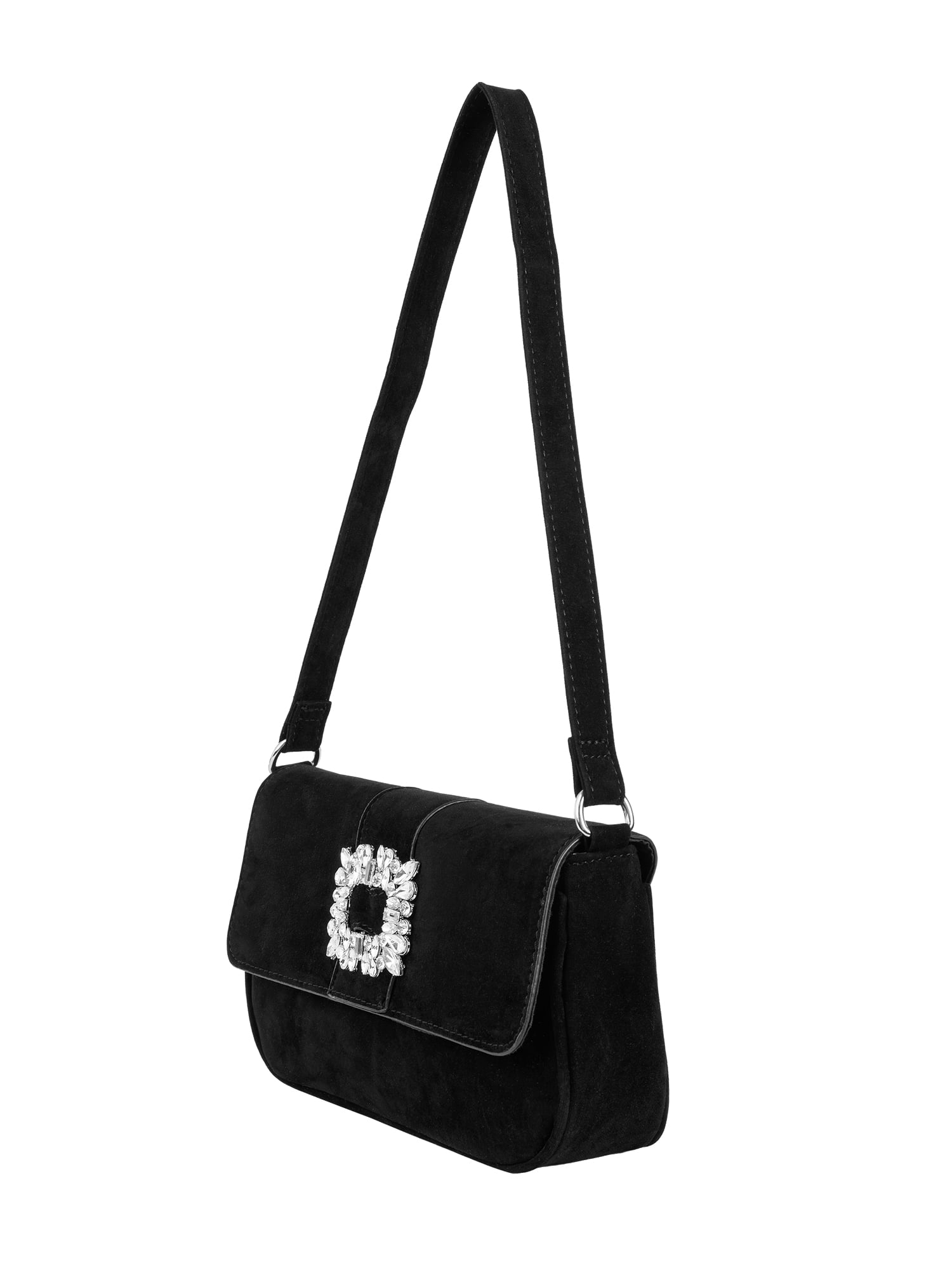XOXO Women's Martina Velvet Flap Baguette Handbag in Black with Crystal Buckle