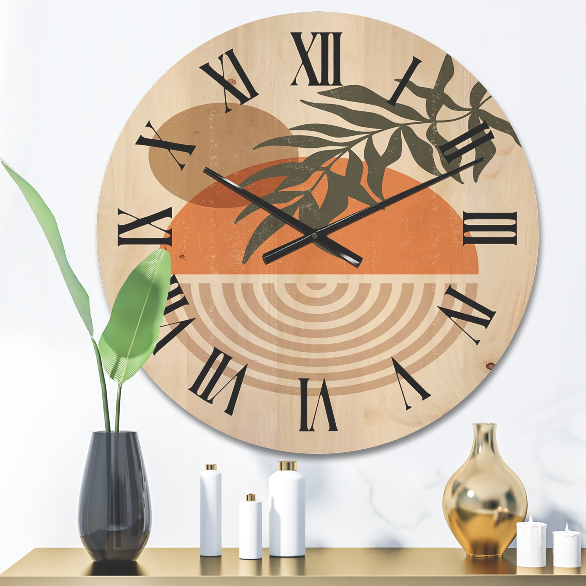 Designart 'Abstract Geometrical Moon and Sun With Leaf I' Modern Wood Wall Clock