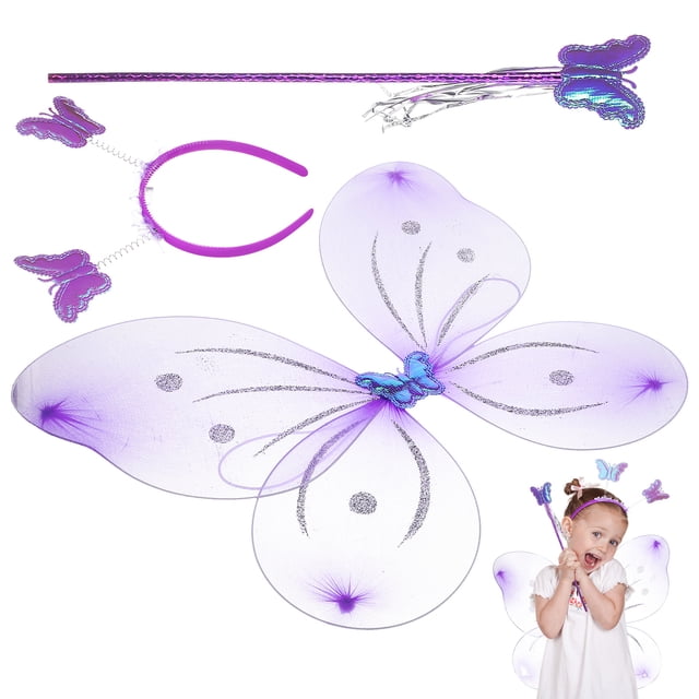 1 Juego de alas de disfraz de mariposa para niñas, diadema con antena de mariposa, varita de princesa para fiestas de cumpleaños y disfraces de Halloween