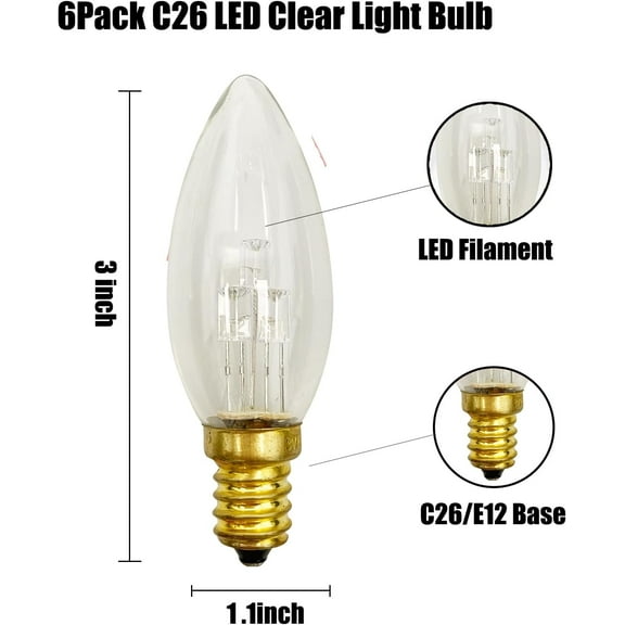 YJYASX-6 Pack C26 LED Replacement Bulbs, 3V Clear Torpedo Tip Candelabra Replacement Bulbs for Battery Operated LED Window Candles Lamps, E12 Candelabra Base