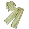 thumbnail image 4 of Linen Sets For Women 2 Piece Summer Long Sleeve V Neck Shirts Matching Wide Leg Lounge Pants Resort Beach Vacation Outfits/Green/3XL, 4 of 4