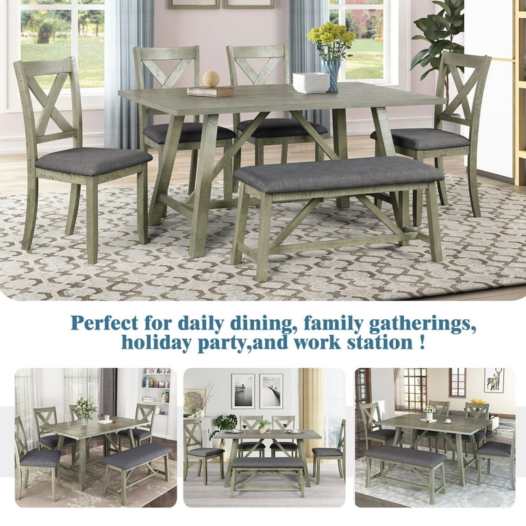 6 Piece Dining Table Set with 4 Chairs and Bench Wooden Dining