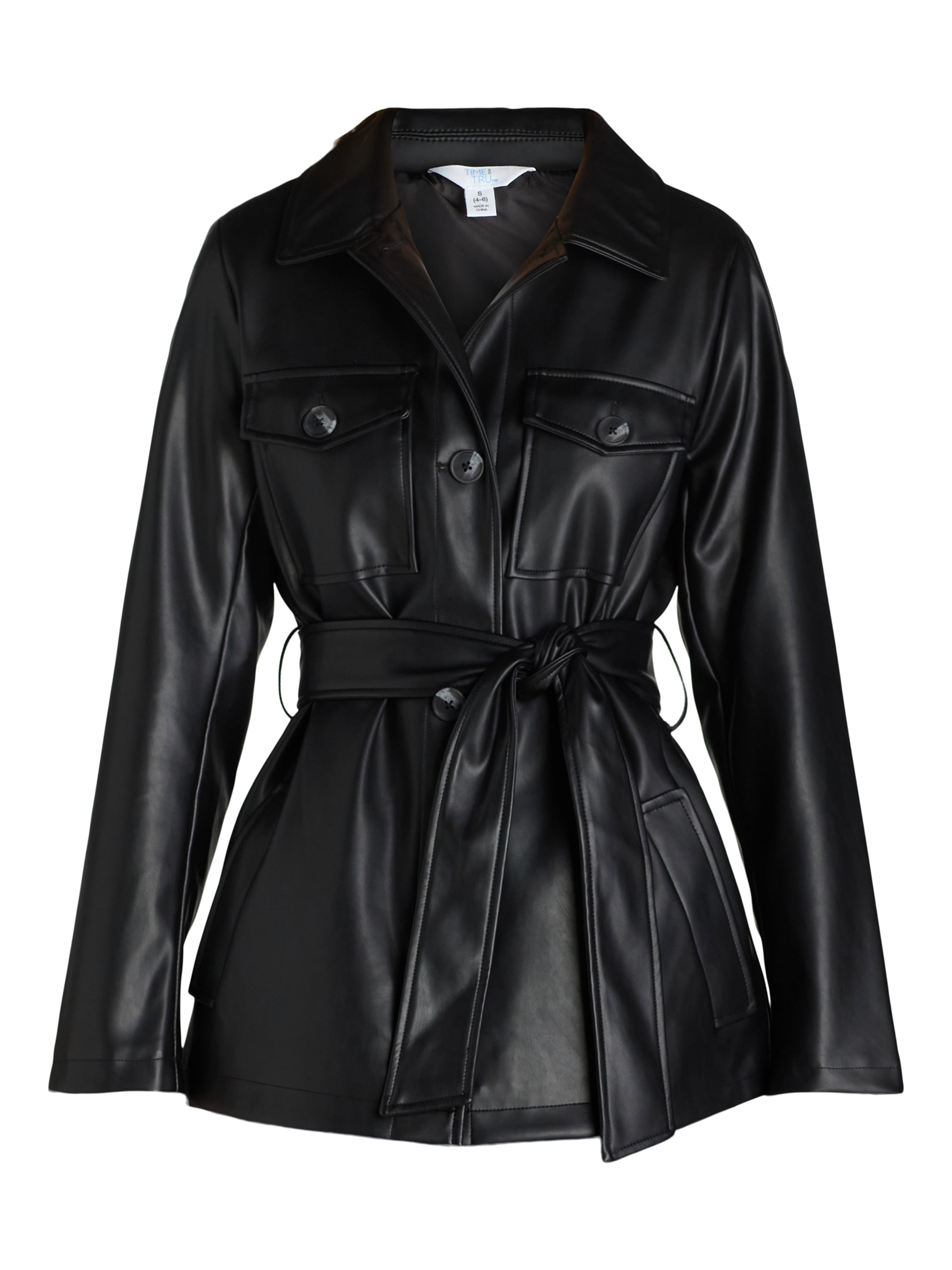 Time and Tru Women's and Women's Plus Faux Leather Cropped Belted Trench, Sizes XS-3X