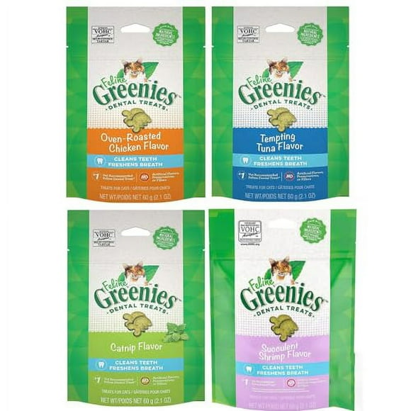 Greenies (Lot de 4) Friandises Dentaires pour Chats Félins Assortiment 4 Saveurs - 2.1oz par Sac