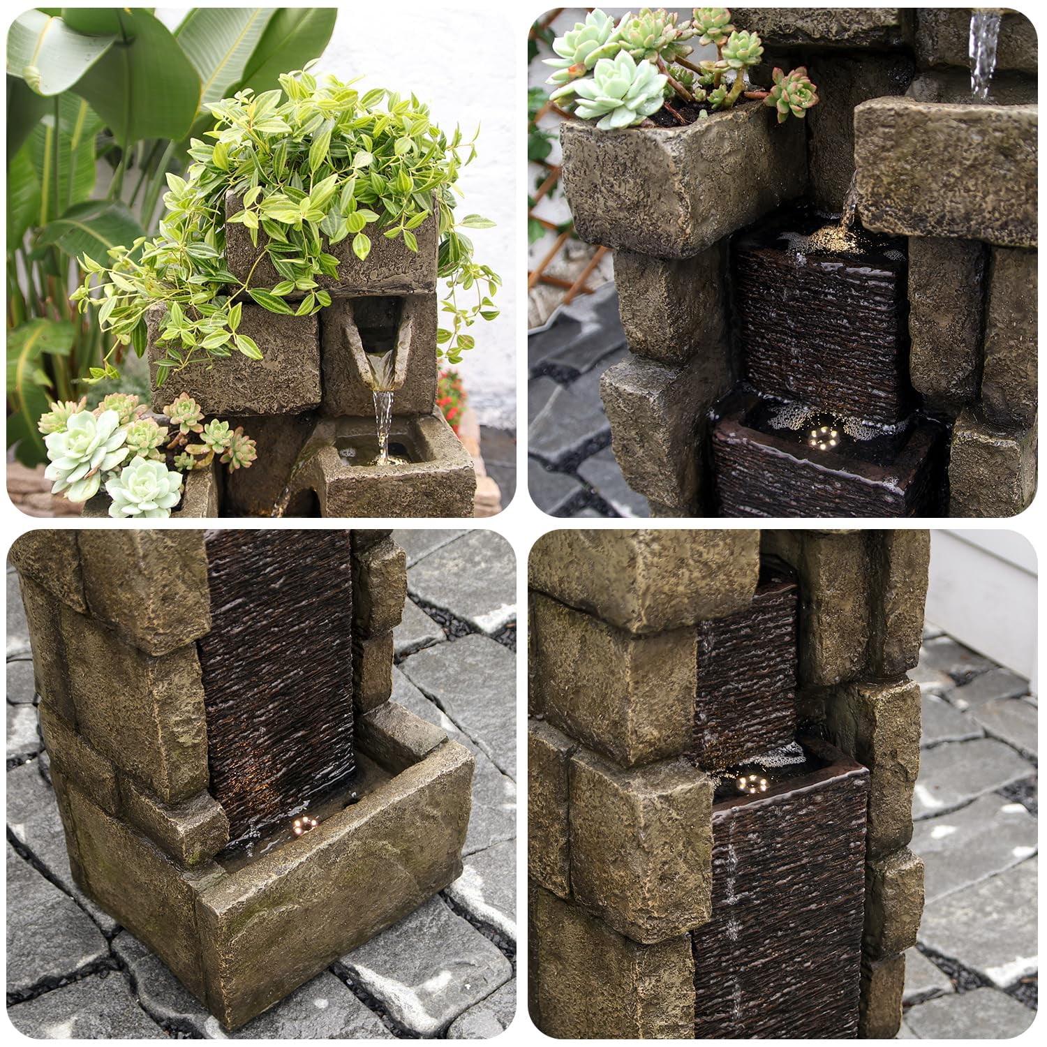 42.72" H Modern Stacking Bricks Water Fountain Outdoor Cascading Waterfall Fountains with Led Lights for Gardens Landscaping Patios Balconies and Lawns Decor for Outside