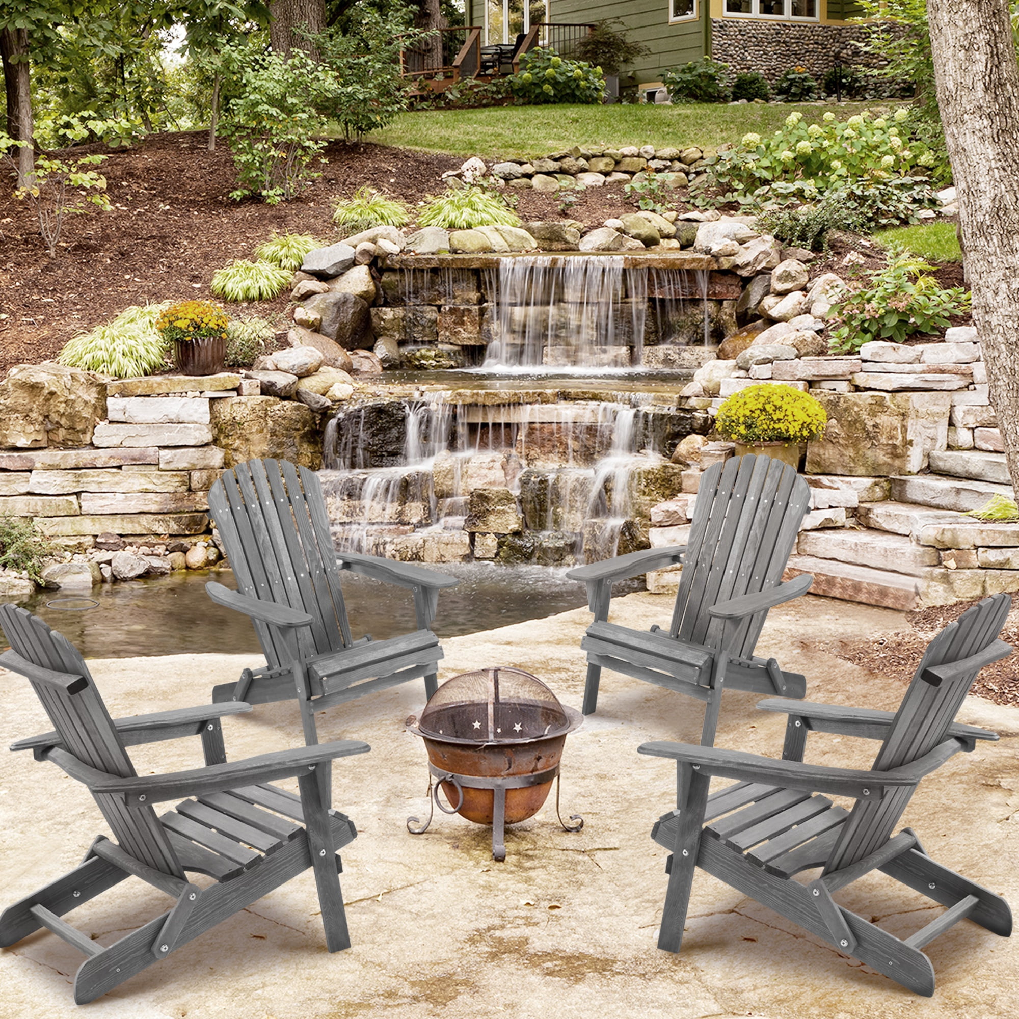 Glavbiku Folding Adirondack Chair Set of 4,Wood Lounge Chairs with High Backrest for Patio,Gray
