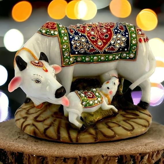 Good Luck Gift Items Art Handicraftgiftgallery Decorative Marble dust/Polyresin Cow and Calf Showpiece Idols and Figurines(White)