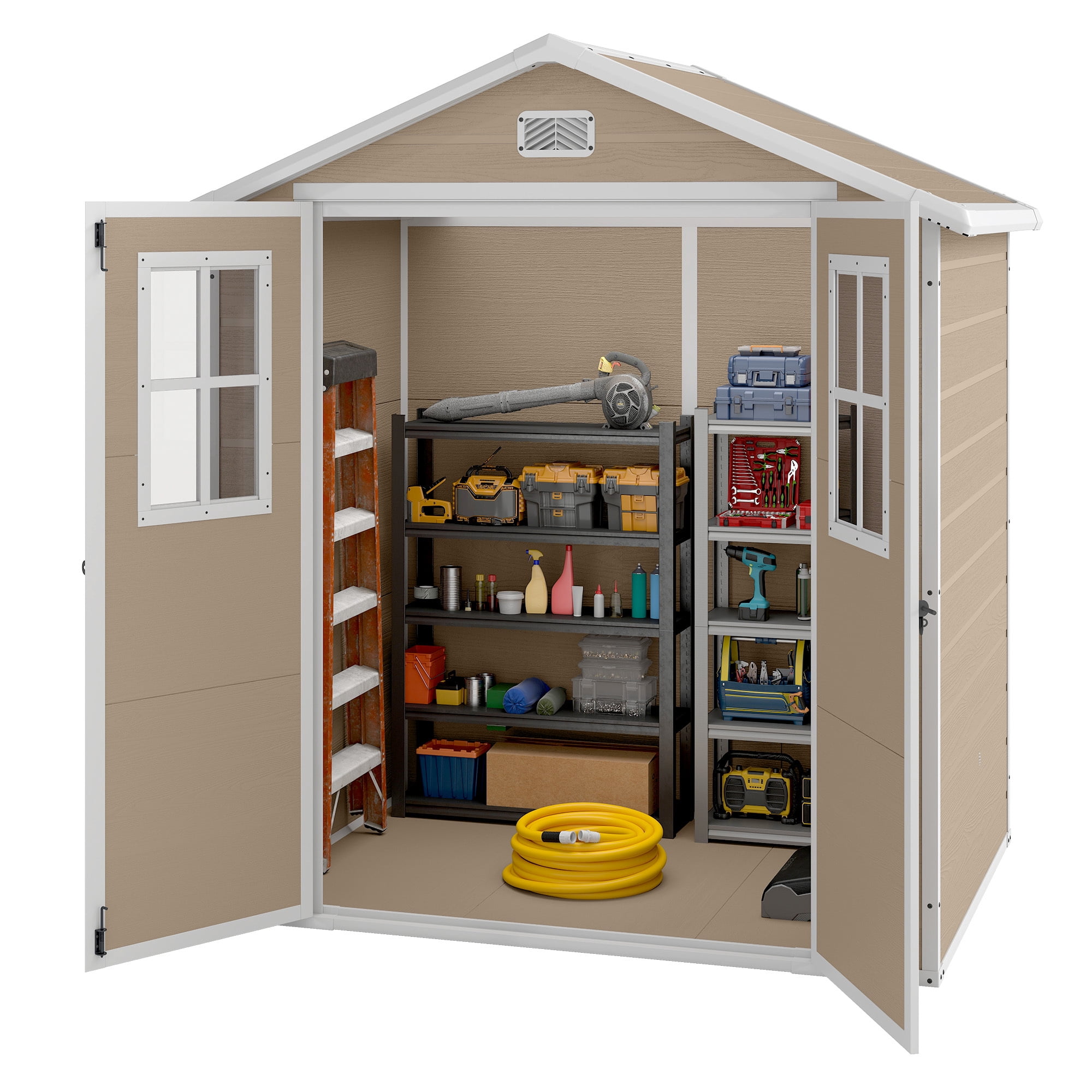 Dextrus 6x4.4ft Plastic Outdoor Storage Shed, Double-Wall Garden Tool Shed with 2 Windows & Lockable Door, Weatherproof Outside Storage Cabinet for Patio Backyard Lawn, Beige