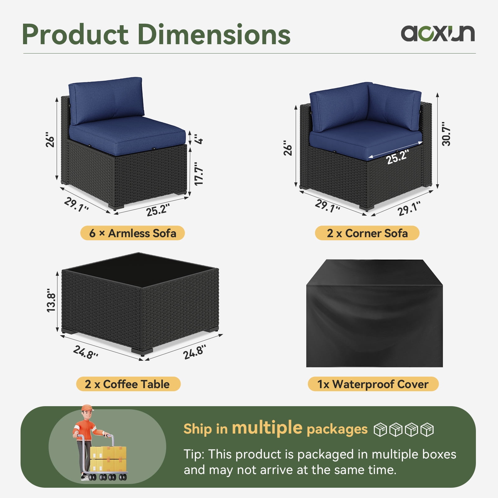 Aoxun 10 Piece Patio Furniture Set Wicker Rattan Patio Sectional Sofa Set Outdoor Seating Furniture with Thickened Cushion, Navy Blue