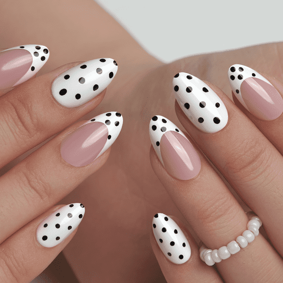Curvlife short almond polka dots Press On Nails black glossy shiny patterns prints Easy Apply Nail Art