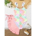 thumbnail image 3 of HWJAD Girls Swimsiut Ruffle Strap One-Piece with Cover Up Kids Floral Print Swimwear Child Beach Bathing Suit 5-12Y, 3 of 7