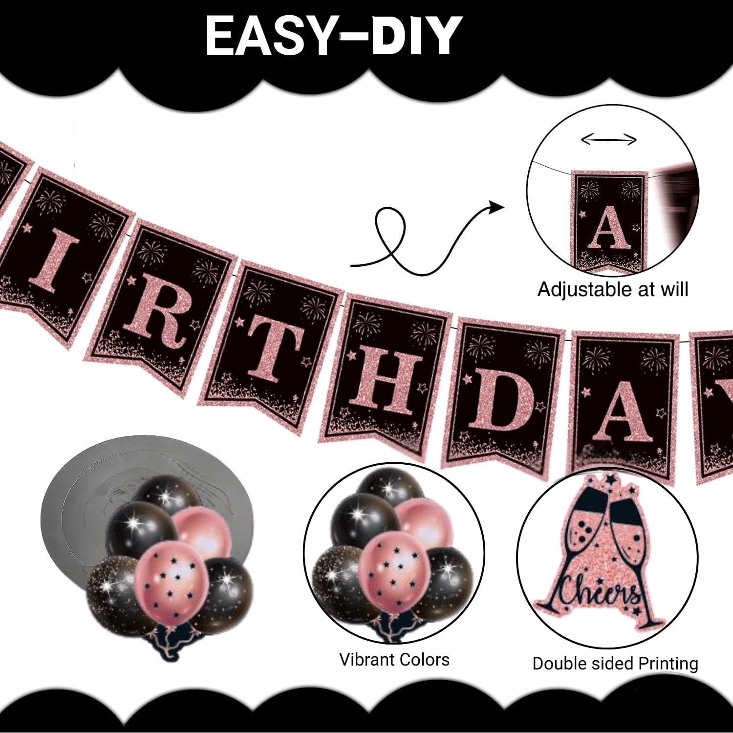 50th Birthday Party Decorations Kit Rose Gold Black – Happy 50th & Fabulous Banner, Crown & Sash, Balloons, Photo Backdrop, Hanging Swirls, Table Signs – 45PCS Decorations Set for Women