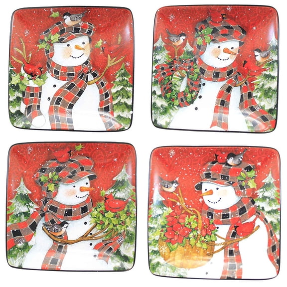 Tabletop Christmas Lodge Dessert Plates Set / 4 Snowman Canape Birds 29048