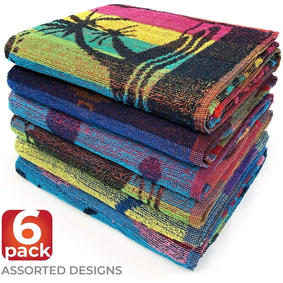 Ipanema Terry Jacquard Travel Beach Towel 30 x 60 inch - 6 PACK - Assorted Designs- Dolphin - Seashells - Fishes - Sailing 100% Cotton
