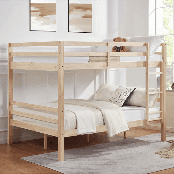 MAYEERTY Full over Full Bunk Bed with Thick Posts, Wooden Bed Frame with High Guardrail and Ladder for Teens, No Box Spring Needed, Natural