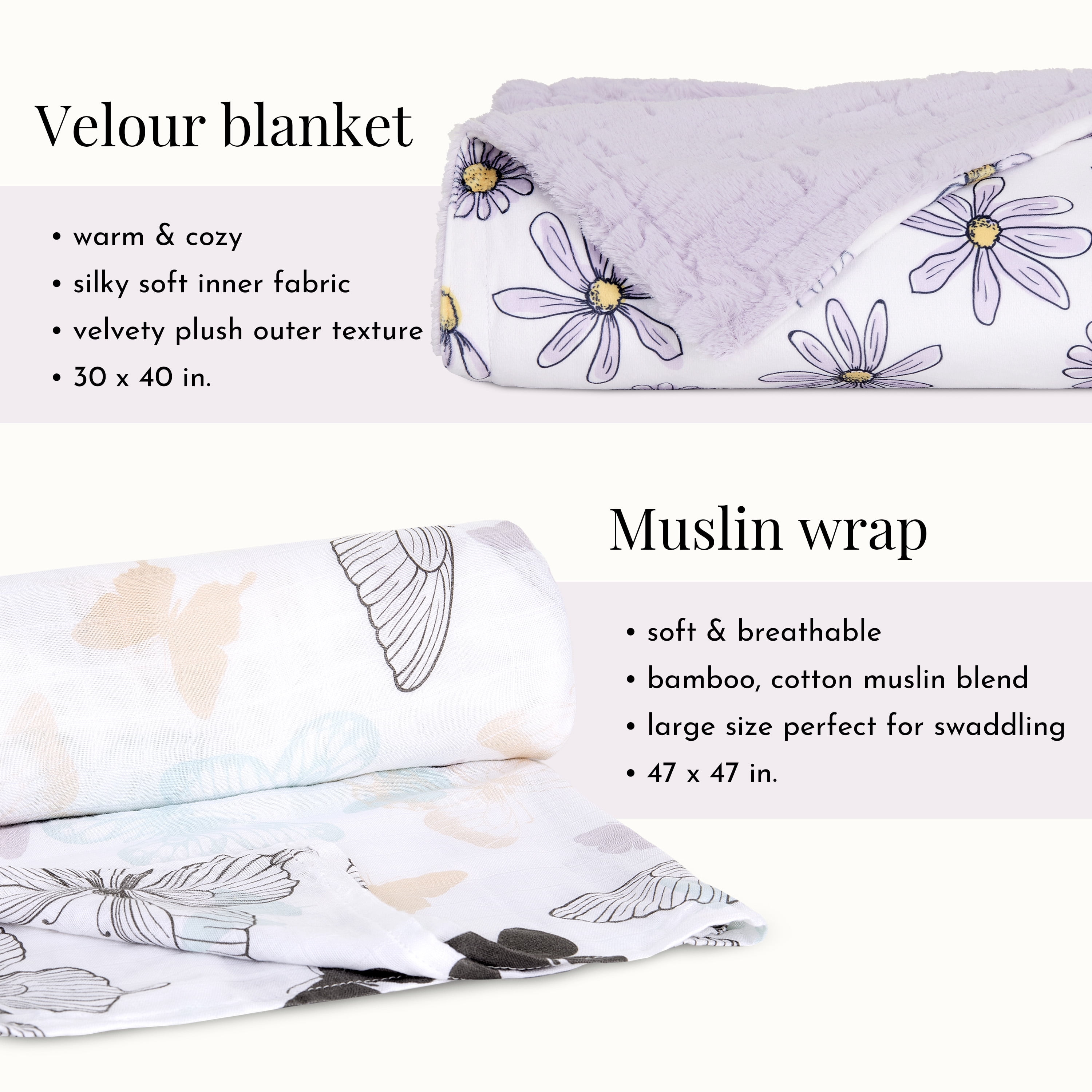 Evolur Secret Garden 3 pc Gift Set - Sherpa Sack Wrap, Muslin Wrap & Velour Blanket, Garden Print