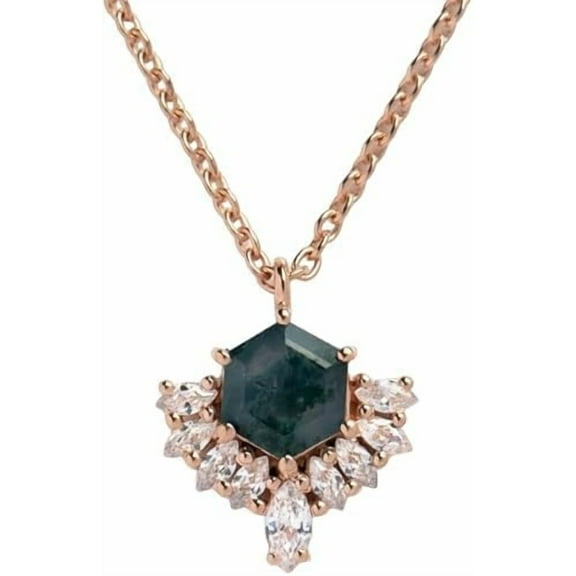 CZ Necklace, AAA Natural Moss Agate Necklace, Moss Agate Gemstone Pendant Necklace, Moss Agate Necklace, May Birthstone, Womens Pendant Necklace, 925 Sterling Silver Necklace, Wedding, Christmas