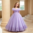thumbnail image 2 of VNKIDY Girls Kids Off The Shoulder Feather Trim Long Ball Gown Dress With 3D Floral Applique Tulle Skirt For Birthday Party Wedding Flower Girl Cozy Dress, 2 of 9