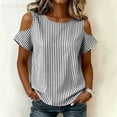 thumbnail image 4 of ClodeEU Women's Cold Shoulder Striped Blouse,Round Neck Short Sleeve T-Shirt for Summer Black,Women's Plus L, 4 of 8