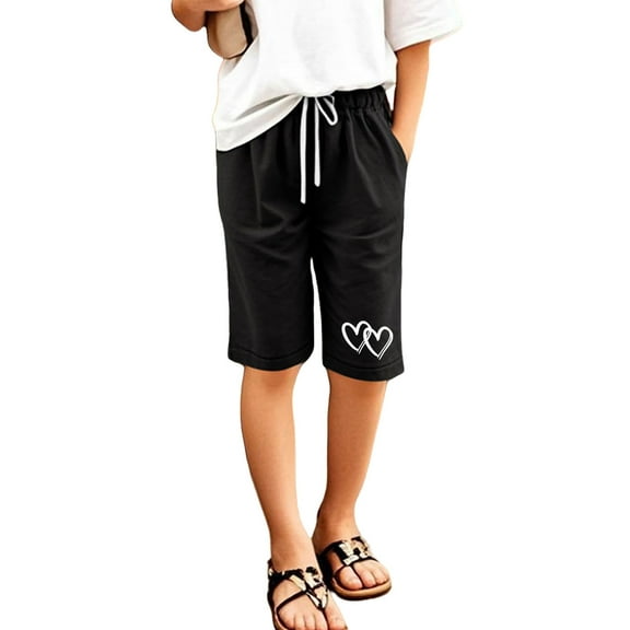 Tiijoy Toddler Girls Heart Print Knee-Length Shorts Elastic Waist Drawstring Casual Shorts