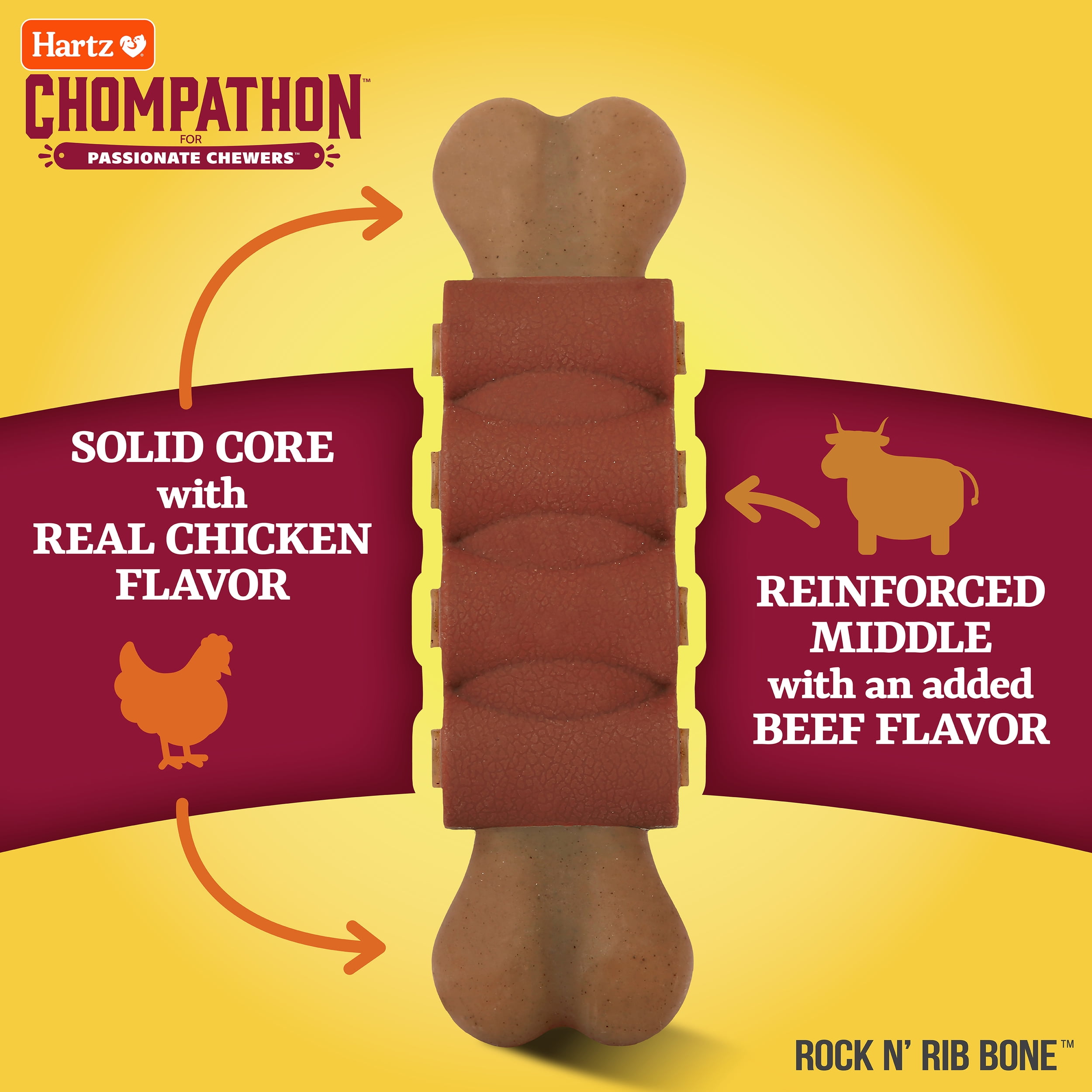 (3 pack) Hartz Chompathon Rock 'N Rib Bone, Nylon, Tough Dog Chew Toy