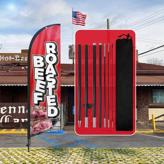 QSUM Roasted Beef Themed Swooper Flag, 7FT Roasted Beef Advertising Feather Flag with Pole Kit, Ground Spike, Roasted Beef Signs for Businesses and Storefronts