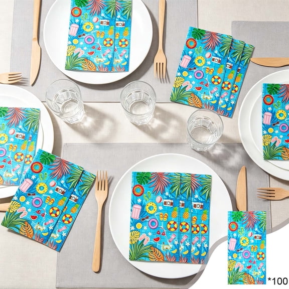 Gallickan 100pc Summer Pool Party Disposable Paper Napkins, Tropical Beach Theme, Soft Absorbent 3-Ply Decorative Towels, for BBQ, Birthday, 7.87x4.33 Inch