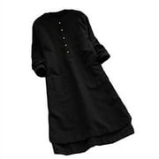 Womens Cotton Linen Maxi Dress Long Sleeve Boho Kaftan Tunic