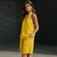 thumbnail image 4 of Qwertyu Linen Sets for Women 2 Piece Summer Outfits V Neck Halter Sleeveless Tops and Wide Leg Bermuda Shorts Cotton Linen Casual Two Piece Sets Yellow M, 4 of 7
