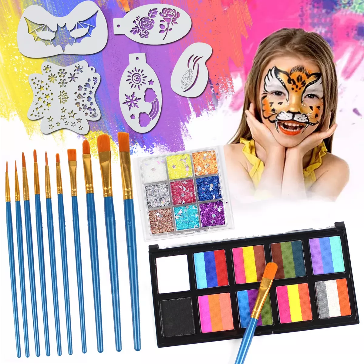 Face Body Paint Kit – 26 Colors Water-Based & Oil-Based Non-Toxic Makeup Palette with Brushes & Stencils,Safe for Kids & Adults,Halloween,Cosplay,SFX,Party & Stage Makeup