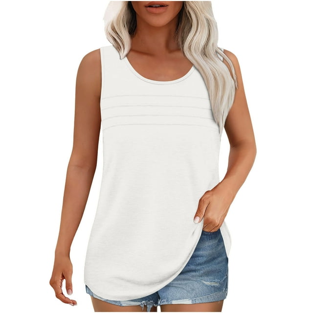 Liquidation d'Été Débardeur Staron pour Femmes Plissé devant Habillé Décontracté Basique T-Shirts Coupe Ample Blouses Printemps Été Fluide Col Rond Sans Manches Hauts Tendance