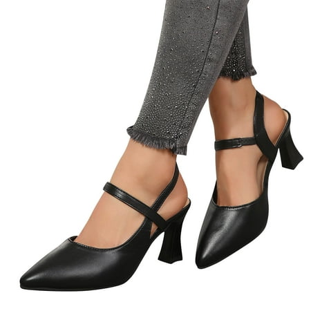 Miluxas 2025 Clearance! Women s Leather Closed Heels Clearance Round Toe Slingback Pumps Chunky Block Heels Casual Dress Shoes