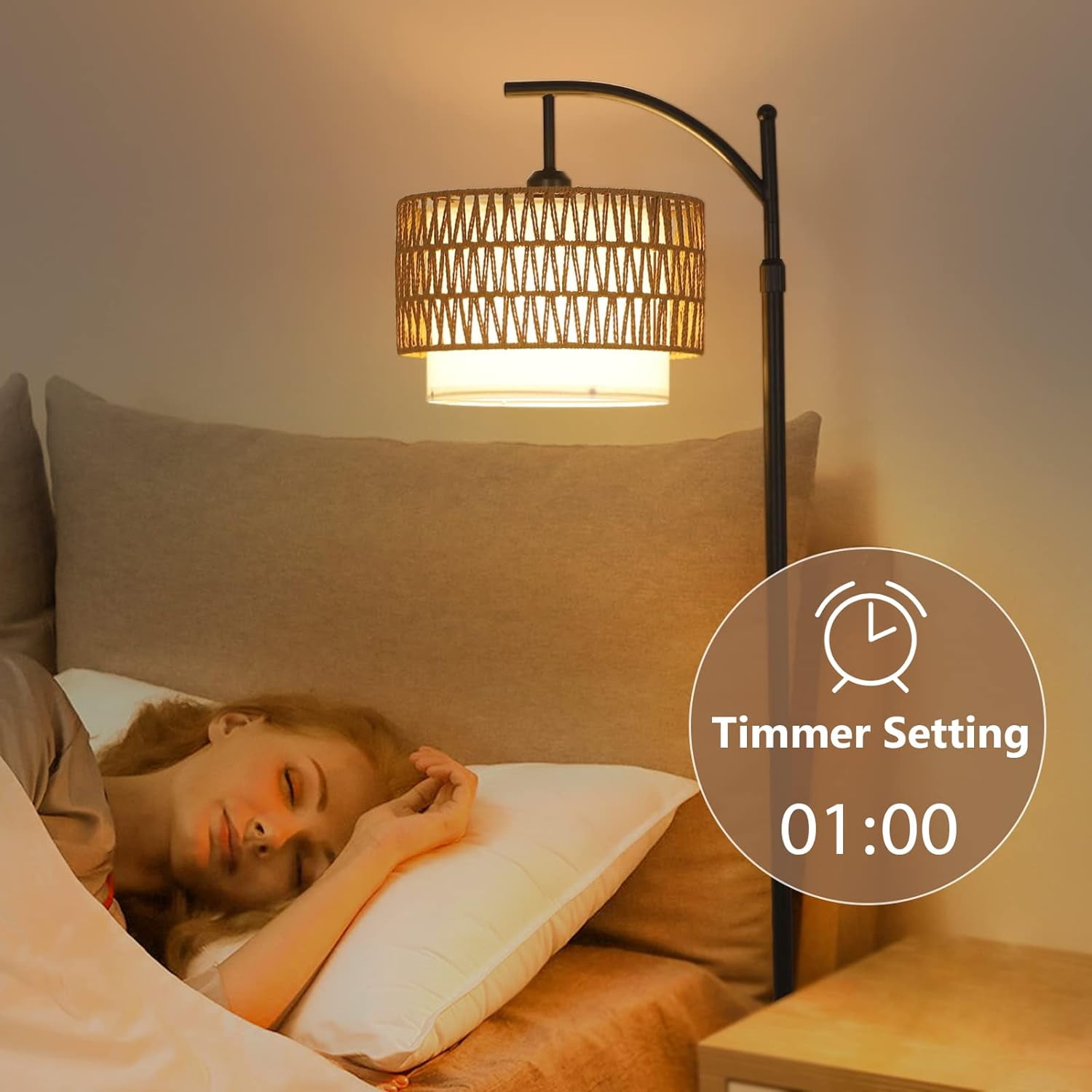 Arc Floor Lamp with Rattan and Fabric Shades, Dimmable, Remote Control, Adjustable Height