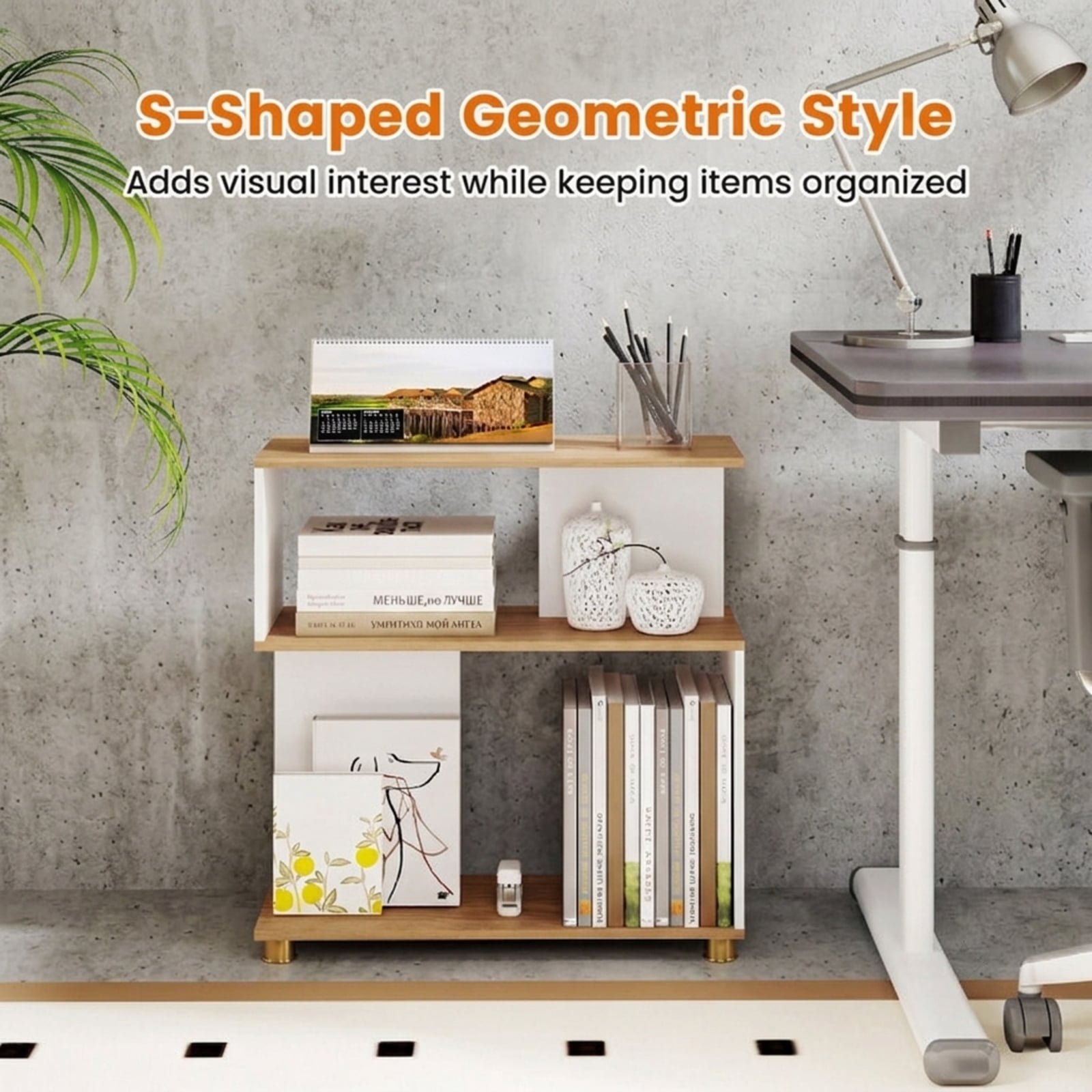 Furnibear 3-Tier Modern S-Shaped Bookshelf with Reversible Design Adjustable Feet and Anti-Tipping Kits for Living Room and Study, White