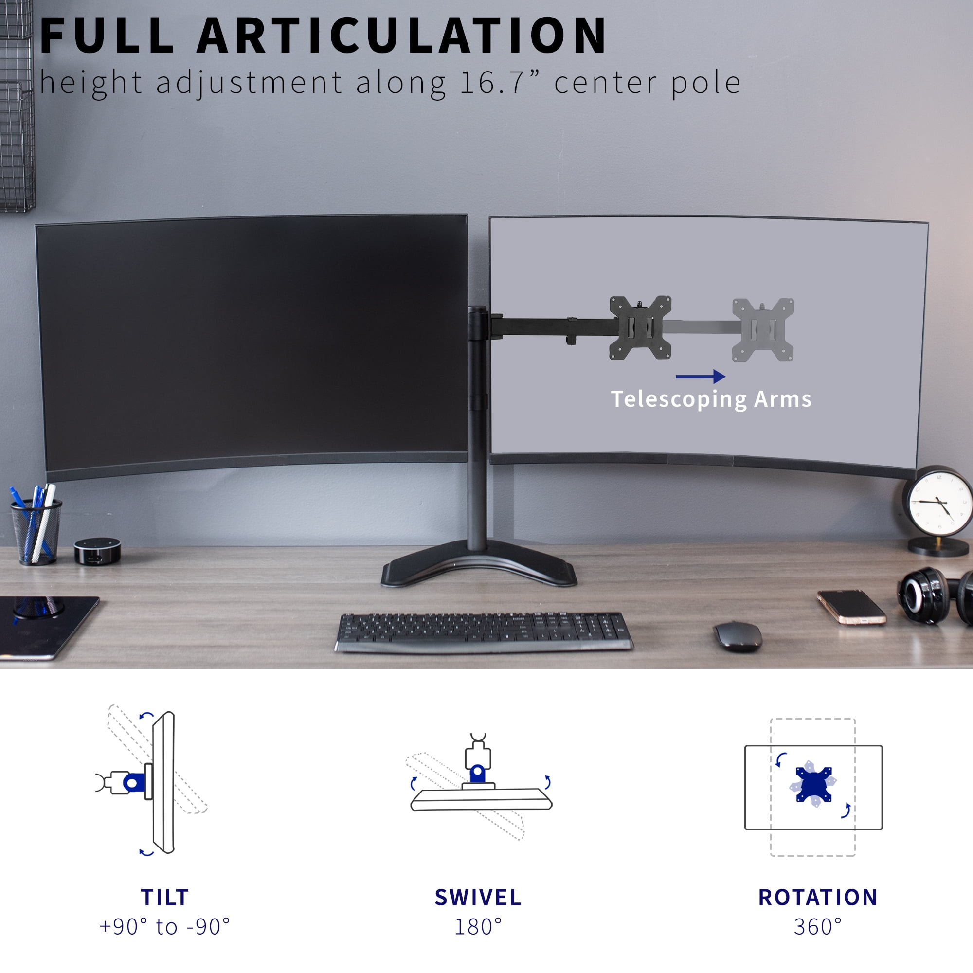 VIVO Black Telescoping Dual Ultrawide 27" to 38" Monitor Freestanding Desk Stand