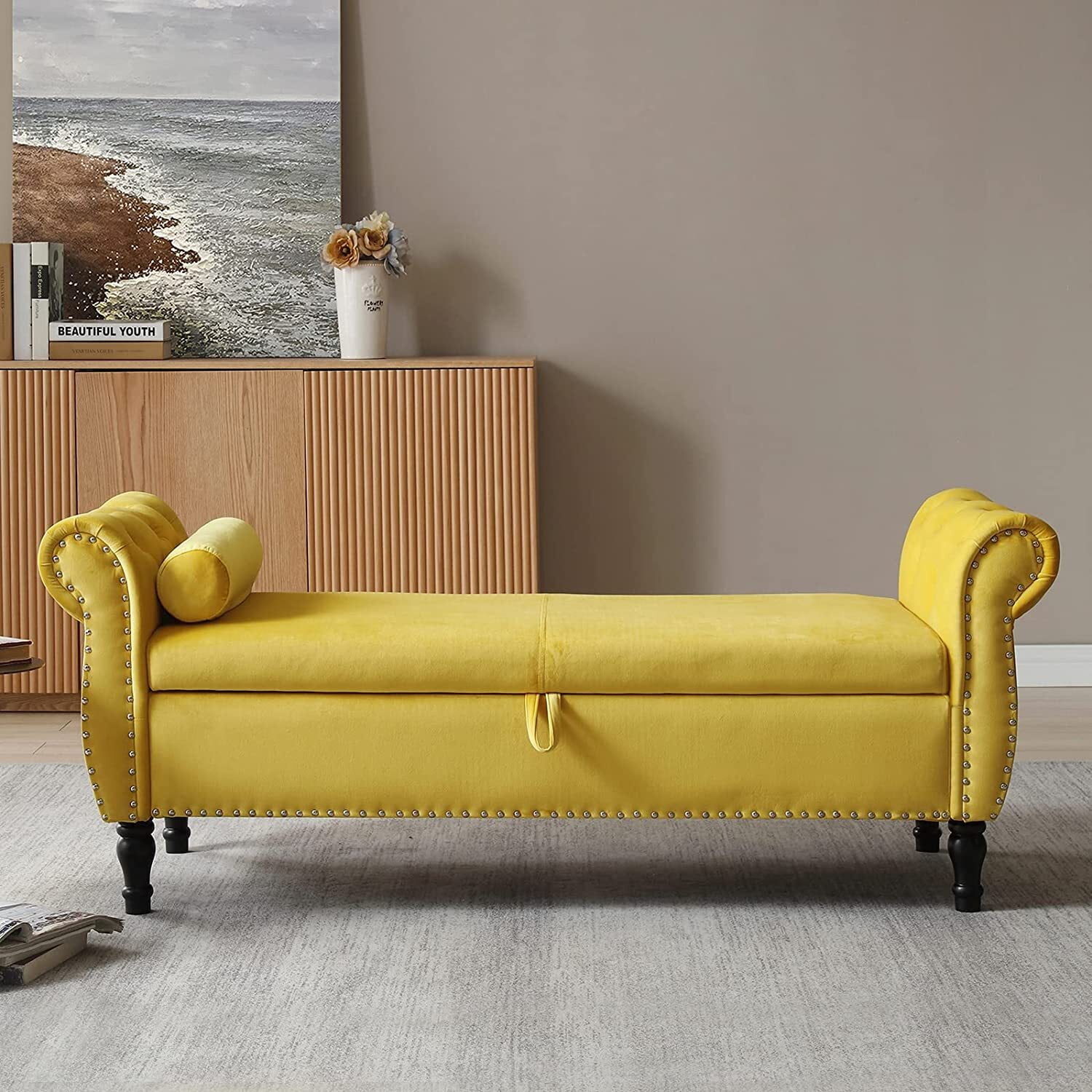 Storage Bench for Bedroom End of Bed Zarler Rolled Armed Velvet Ottoman