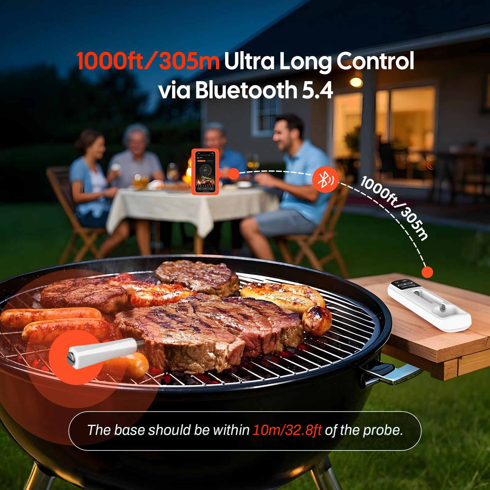 INKBIRD Mini Wireless Meat Thermometer Ideal for Small Meals , Bluetooth 5.4,1000ft/305m Ultra Long Connection, White LED Display, for BBQ, Grill, and Smoker