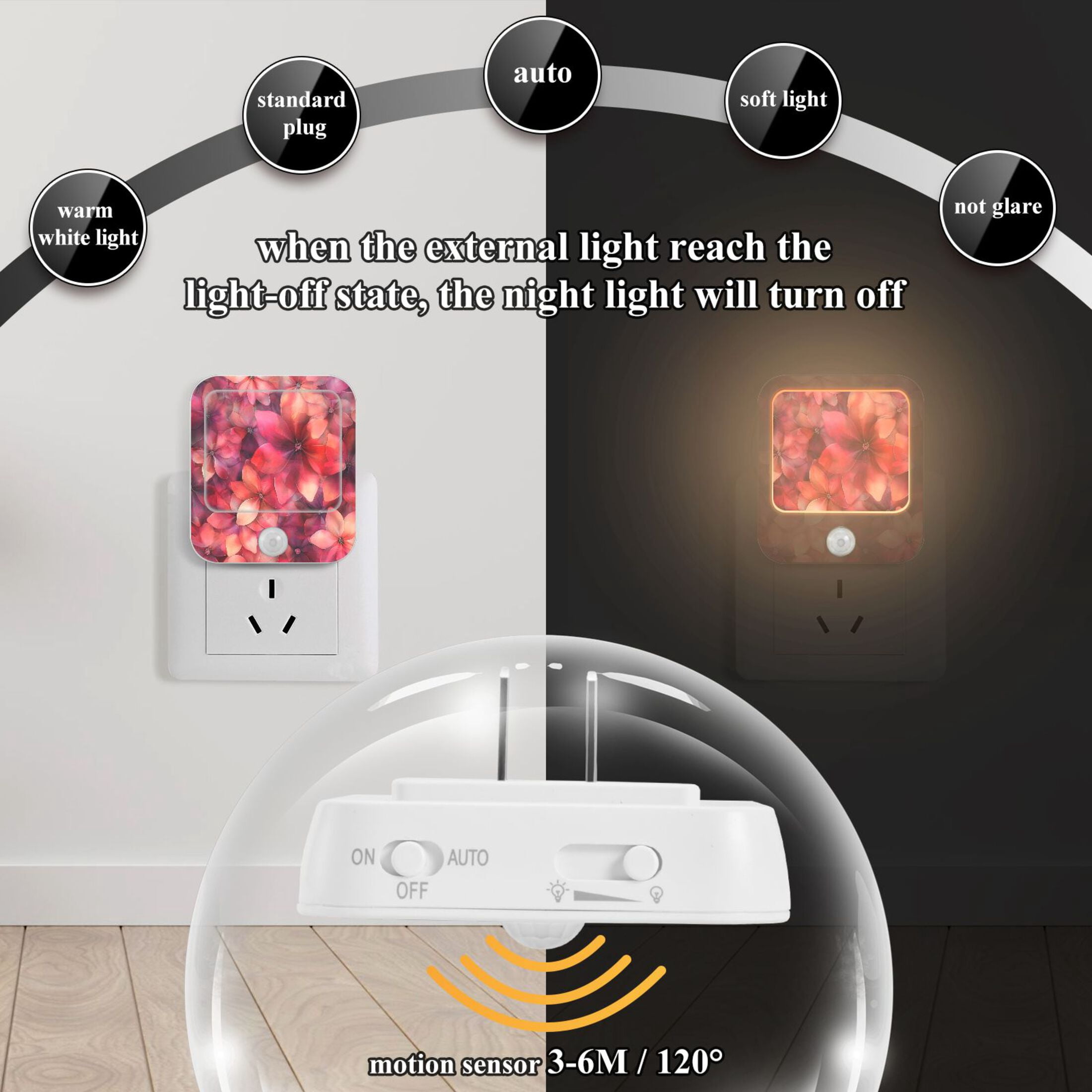 WOBOGO Transparent Red Flowers Night Light Lamp with Smart Sensor Dusk to Dawn Sensor 0.6W Plug-in 2-Pack