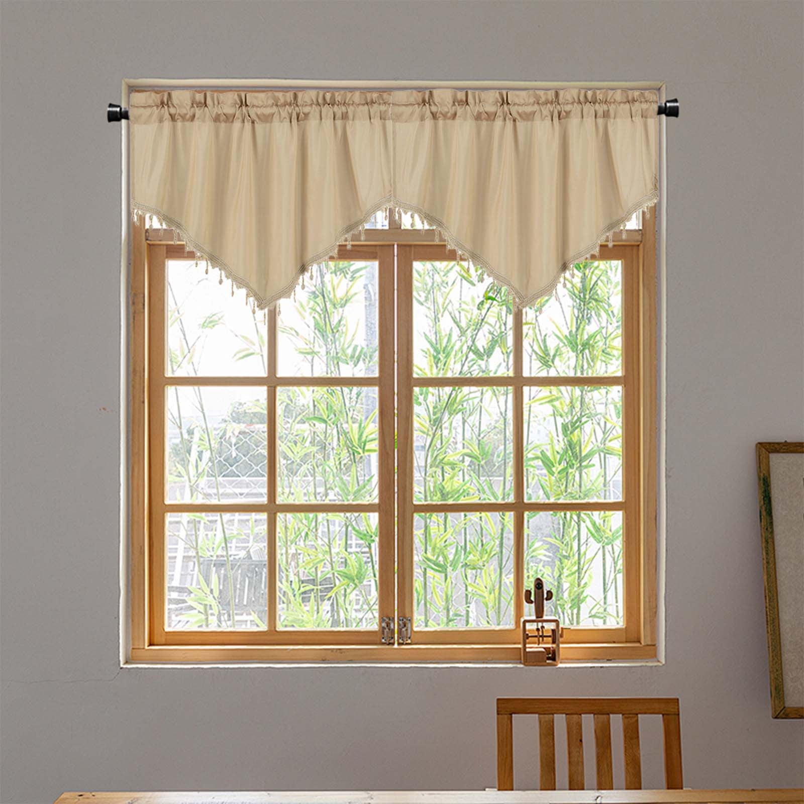 Beaded Triangle Sheer Valance Curtains for Living Room, Rod Pocket Farm Window Valance, Bead Trim Tassel Voile Sheer Curtain Valance for Bedroom Bathroom Cafe