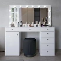 Boahaus Jezebel White Makeup Vanity with Lights, Mirror, 7 Drawers, Stool & Power Outlet