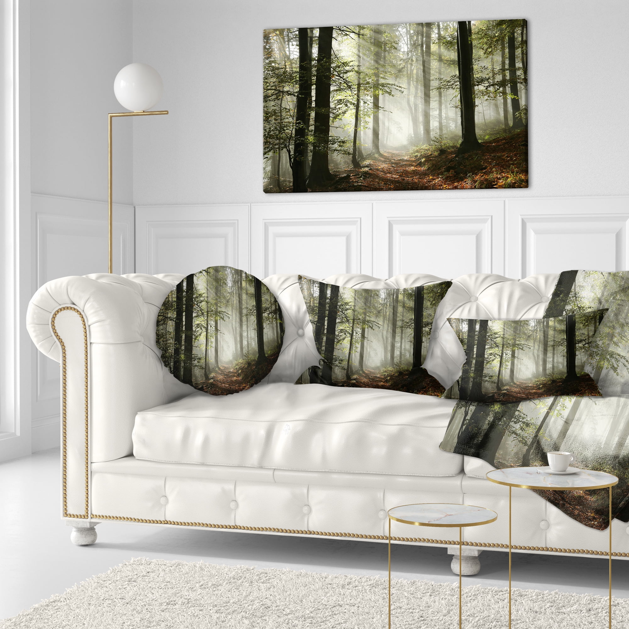 Designart Light in Dense Fall Forest with Fog - Landscape Printed Throw Pillow - 12x20