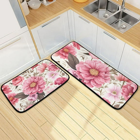 Pink Flowers Floral Print Kitchen Mats Set 2 Piece Non Slip Floor Foam Rugs Cushioned Soft Waterproof Carpet Runner for Dining Room Bathroom Laundry